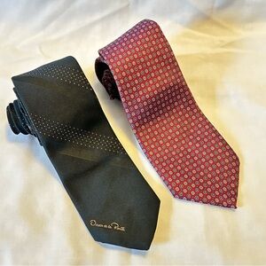 Oscar de La Renta Men's Necktie Lot of 2;
Black Micro Dot  & Burgundy Geometric